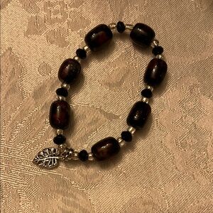 Hand Crafted Black Beaded Bracelet with Silver Leaf Charm